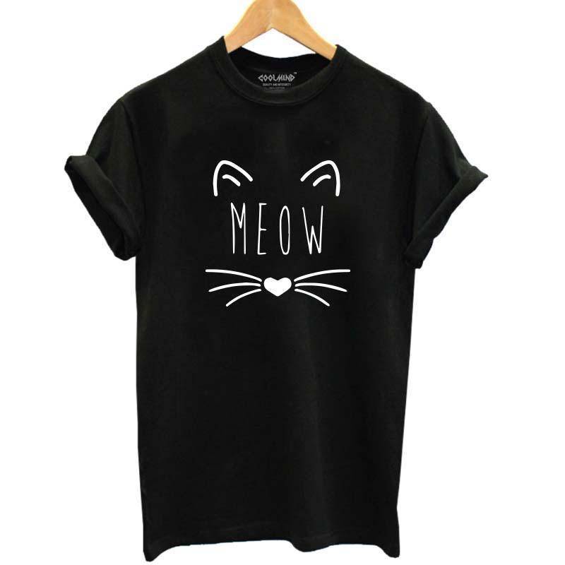 www. - 100% Cotton Meow Print Women Cat T shirt