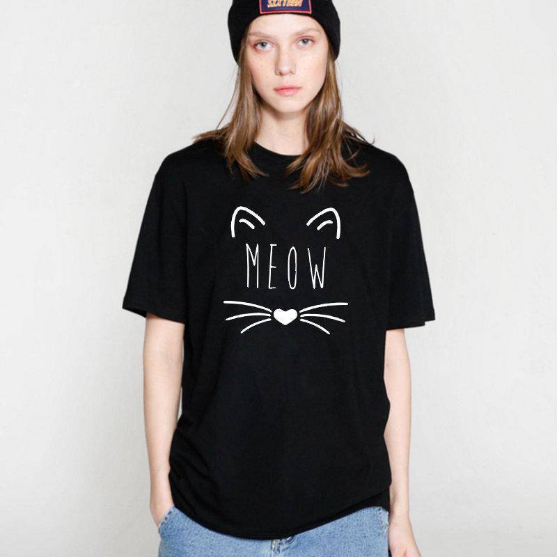 www. - 100% Cotton Meow Print Women Cat T shirt