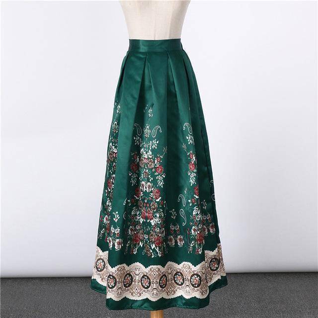 Clothing 14 New Satin Women 100cm High Waist Flared Maxi Skirts Peach Blossom Printed Pleated Floor Length Long Skirts Saias SP041
