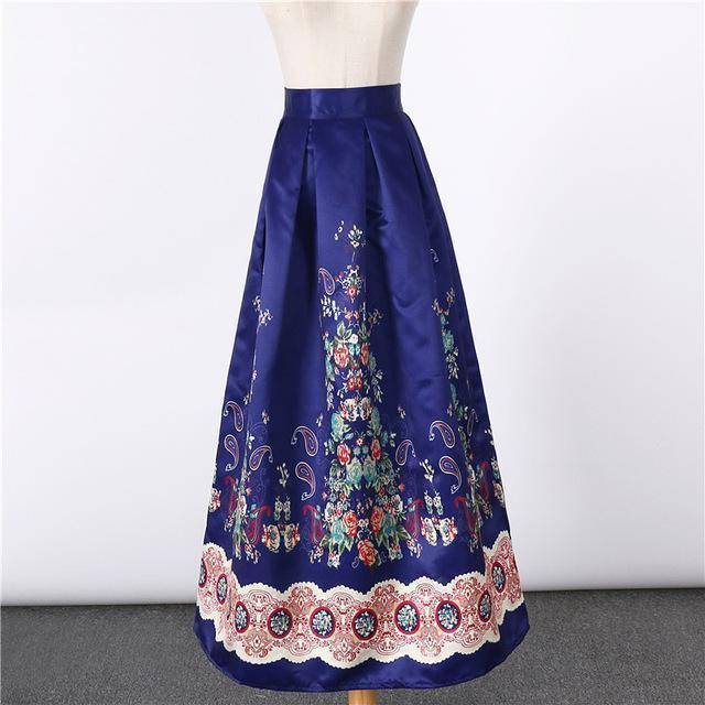 Clothing 15 New Satin Women 100cm High Waist Flared Maxi Skirts Peach Blossom Printed Pleated Floor Length Long Skirts Saias SP041