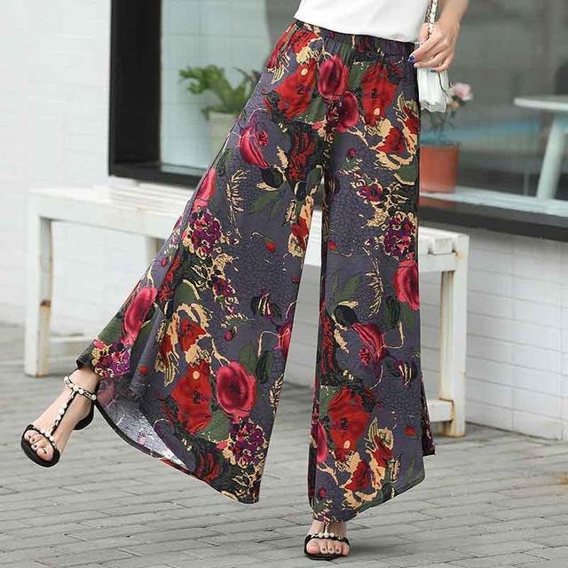 Plus Size - Summer runway casual harem flare high waist loose floral Wide  leg pants women clothing print Vintage trousers plus size (US 14-20W)