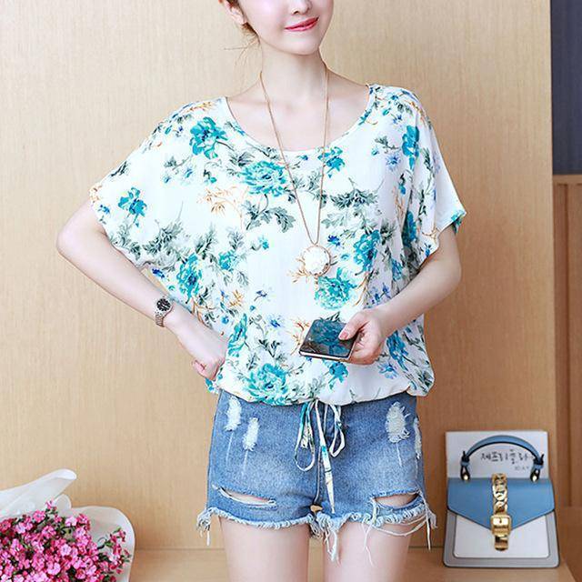 Clothing 3 / M (US 6-8) Summer Women Blouse Loose Print Chiffon  Shirts Top Tee (US 6-16W)