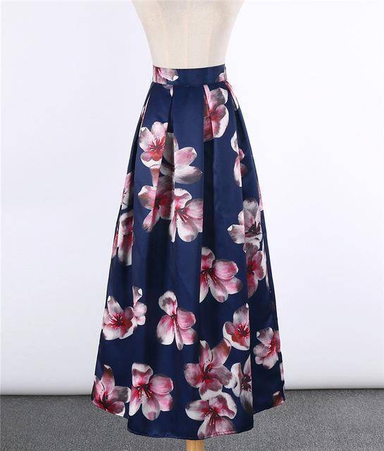 Clothing 3 New Satin Women 100cm High Waist Flared Maxi Skirts Peach Blossom Printed Pleated Floor Length Long Skirts Saias SP041