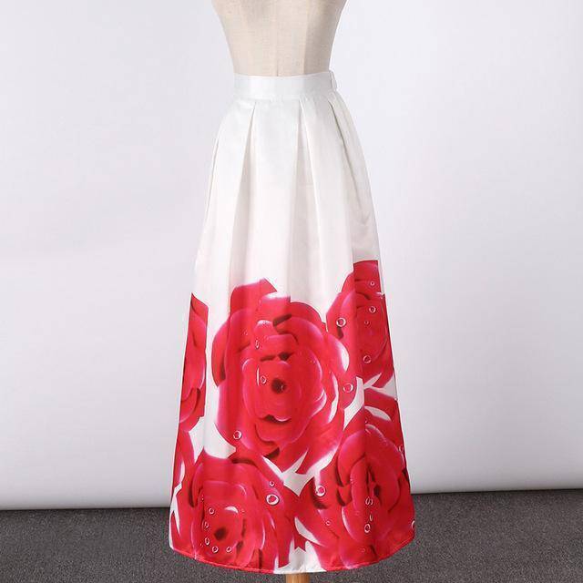 Clothing 5 New Satin Women 100cm High Waist Flared Maxi Skirts Peach Blossom Printed Pleated Floor Length Long Skirts Saias SP041