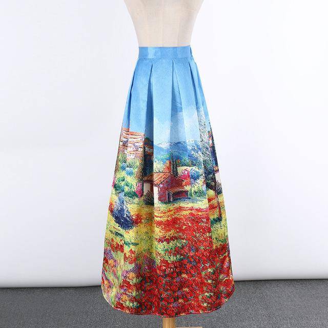 Clothing 7 New Satin Women 100cm High Waist Flared Maxi Skirts Peach Blossom Printed Pleated Floor Length Long Skirts Saias SP041