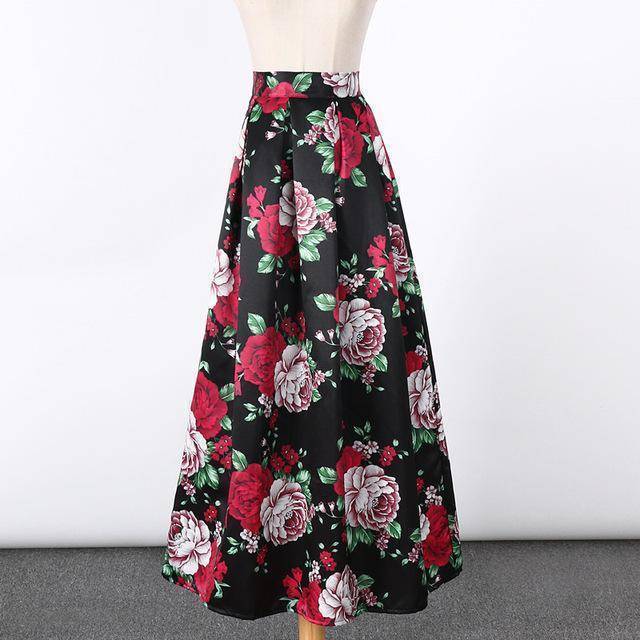 Clothing 8 New Satin Women 100cm High Waist Flared Maxi Skirts Peach Blossom Printed Pleated Floor Length Long Skirts Saias SP041