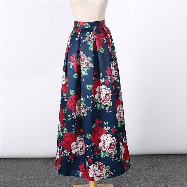 Clothing 9 New Satin Women 100cm High Waist Flared Maxi Skirts Peach Blossom Printed Pleated Floor Length Long Skirts Saias SP041