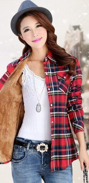 Clothing A1 / M (US 8-10) Women Autumn Winter Warm Blouses Tops Blusa Camisa Femininas Cotton Long-sleeve Thick Velvet Plaid Shirt Flannel Shirts Plus XXL (US 8-16)