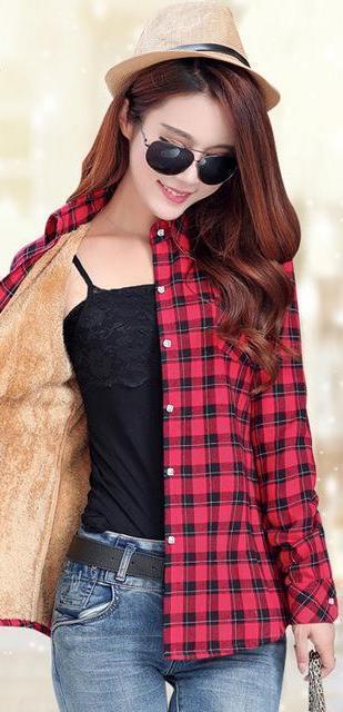 Clothing A11 / M (US 8-10) Women Autumn Winter Warm Blouses Tops Blusa Camisa Femininas Cotton Long-sleeve Thick Velvet Plaid Shirt Flannel Shirts Plus XXL (US 8-16)