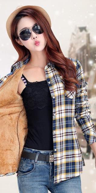 Clothing A19 / M (US 8-10) Women Autumn Winter Warm Blouses Tops Blusa Camisa Femininas Cotton Long-sleeve Thick Velvet Plaid Shirt Flannel Shirts Plus XXL (US 8-16)