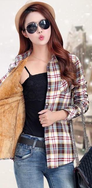 Clothing A4 / M (US 8-10) Women Autumn Winter Warm Blouses Tops Blusa Camisa Femininas Cotton Long-sleeve Thick Velvet Plaid Shirt Flannel Shirts Plus XXL (US 8-16)