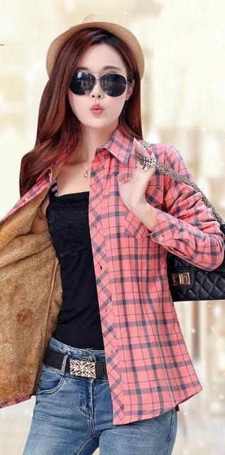 Clothing A5 / M (US 8-10) Women Autumn Winter Warm Blouses Tops Blusa Camisa Femininas Cotton Long-sleeve Thick Velvet Plaid Shirt Flannel Shirts Plus XXL (US 8-16)