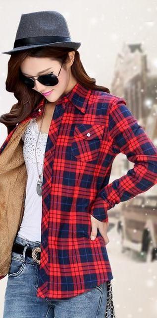 Clothing A7 / M (US 8-10) Women Autumn Winter Warm Blouses Tops Blusa Camisa Femininas Cotton Long-sleeve Thick Velvet Plaid Shirt Flannel Shirts Plus XXL (US 8-16)