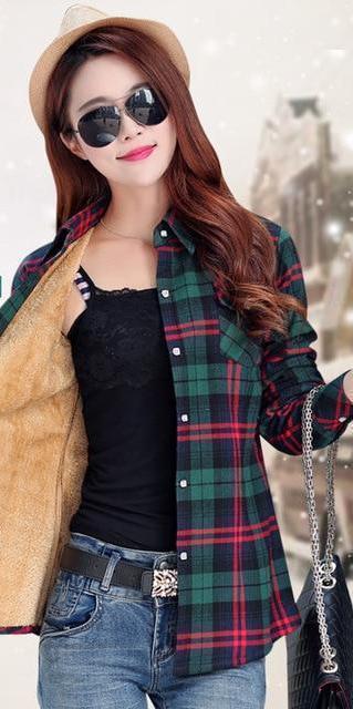 Clothing A8 / M (US 8-10) Women Autumn Winter Warm Blouses Tops Blusa Camisa Femininas Cotton Long-sleeve Thick Velvet Plaid Shirt Flannel Shirts Plus XXL (US 8-16)