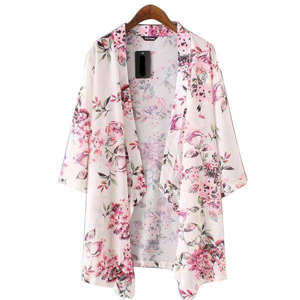 Clothing Beachwear Cardigans Floral Print Chiffon Long Kimono (US 4-8)
