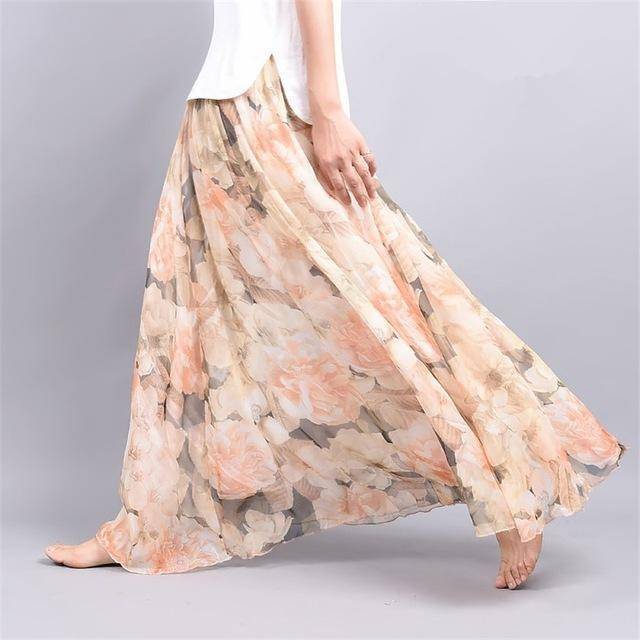 Clothing Beige Fits 20"-39" waist, Chiffon Floral Printed Boho long (Floor Length) Skirt  Fits up to (US 16)