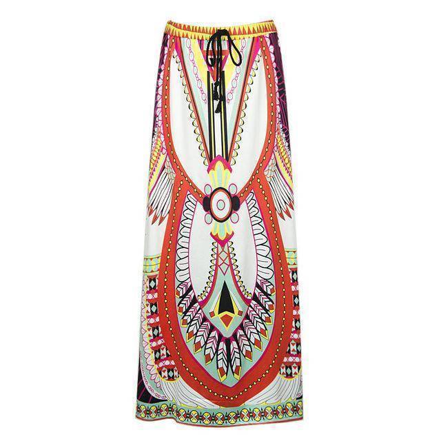 clothing Beige Fits 25 - 45" waist, African, Boho Print Beach Maxi High Waist Skirts
