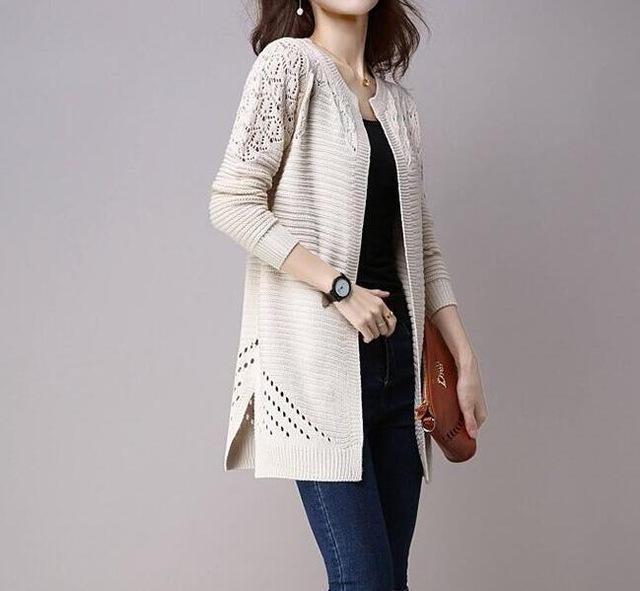 Clothing Beige / M (US 2-4) Fall Women Cardigan Solid Color Hollow Out Sweaters Size S-XXL Poncho Full Sleeve Open Stitch Female Knitted Outerwear (US 2-12)