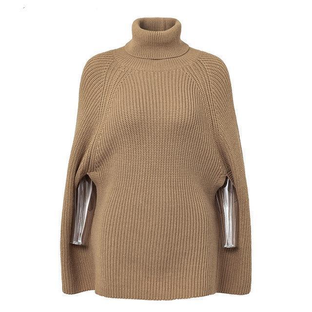 Clothing Beige / One Size Knitted turtleneck cloak sweater Women Camel casual pullover Autumn winter streetwear women sweaters and pullovers (US 12-14)