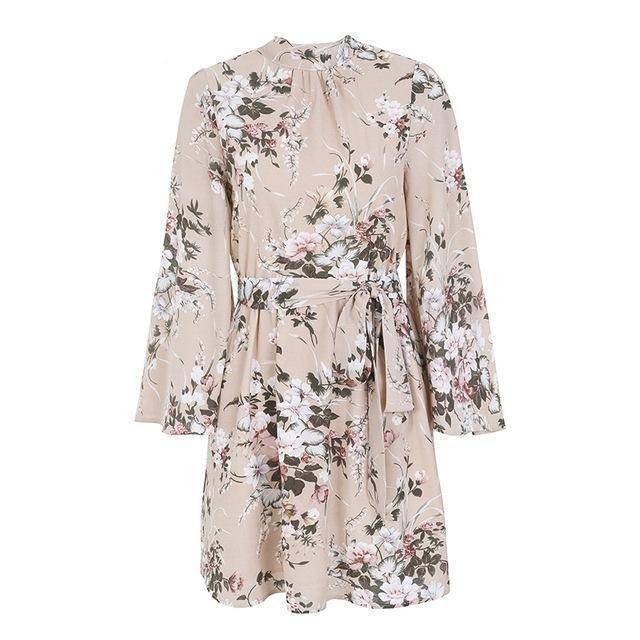 Clothing Beige / S (US 6-8) Flare sleeve floral print chiffon dress (US 6-14)