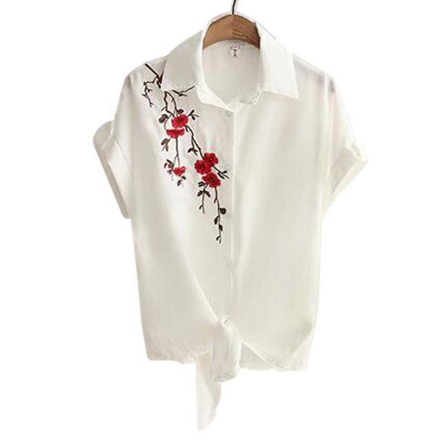 Clothing Beige / S (US 8-10) Embroidery White Top Blouses Shirts (US 8-16)