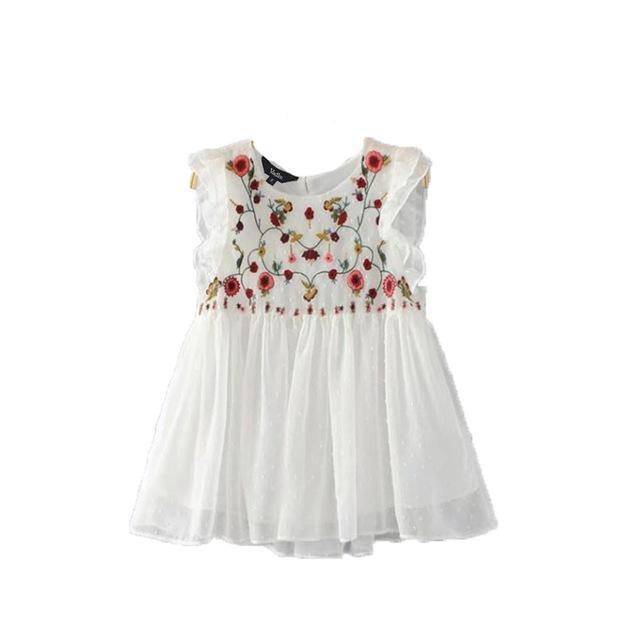 Clothing Beige / S (US 8-10) Sweet floral embroidery pleated ruffled shirt cute sleeveless vintage doll blouse  (US 8-16)