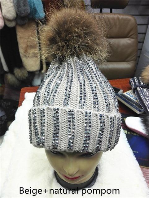 Clothing beige with natural Removable Winter Warm Fur Pom pom Knitted bling Hats,  Skullies Beanie With 15cm Fur Ball