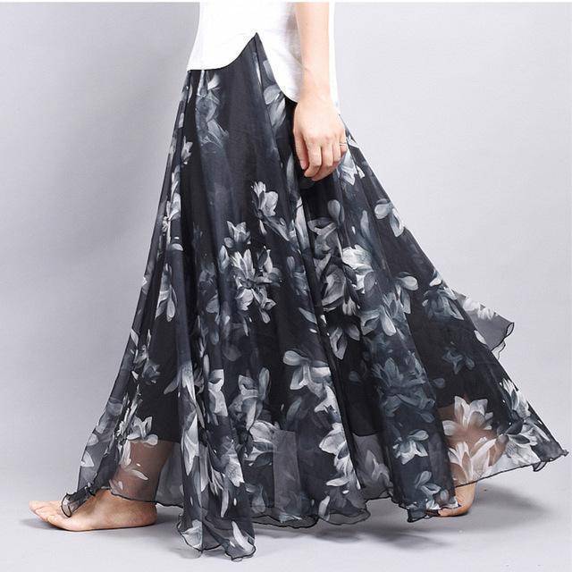 Clothing Black Fits 20"-39" waist, Chiffon Floral Printed Boho long (Floor Length) Skirt  Fits up to (US 16)