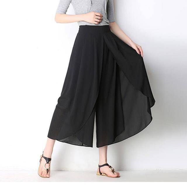 Clothing black / M (US 2-4) Casual Loose Wide Leg Palazzo Trousers Chiffon Stretch Pants (US 2-16)