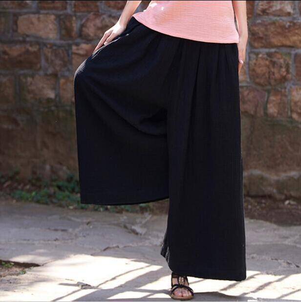 Clothing Black / M (US 2) Loose Wide  Elastic Waist Cotton linen Trousers (US 2-18W)