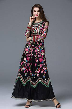 Clothing Black / M (US 6-8) Runway Designer, Long Gauze Floral Embroidery Dress (US 4-16)