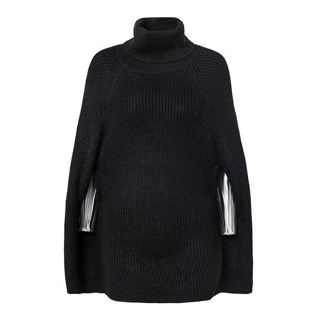 Clothing Black / One Size Knitted turtleneck cloak sweater Women Camel casual pullover Autumn winter streetwear women sweaters and pullovers (US 12-14)