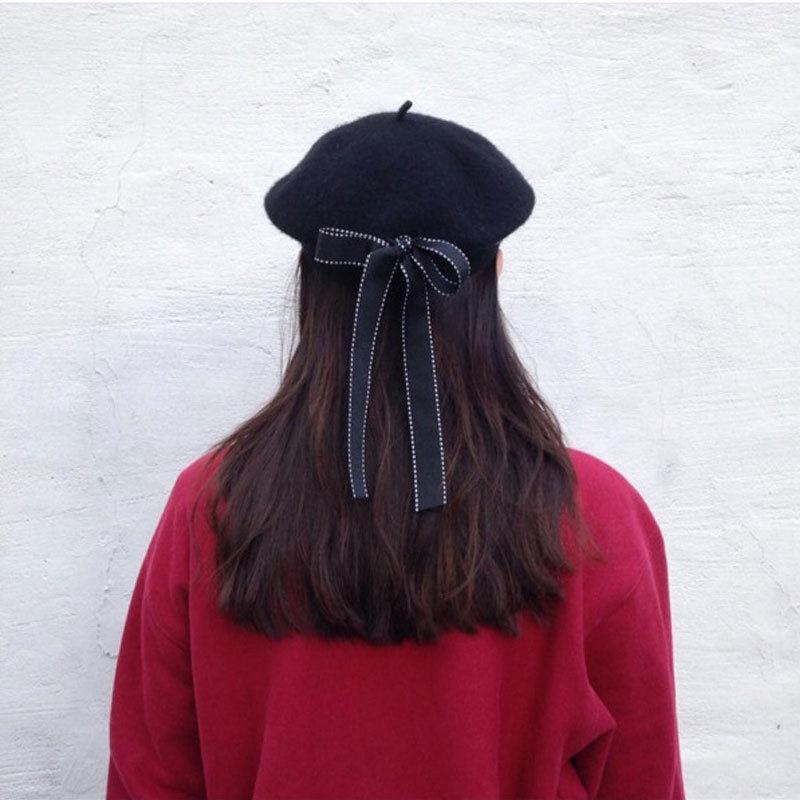 Clothing Black / One Size Womens Ladies vegan Leather Beret ,Harajuku Wool Basque Hat With Bowknot - Black