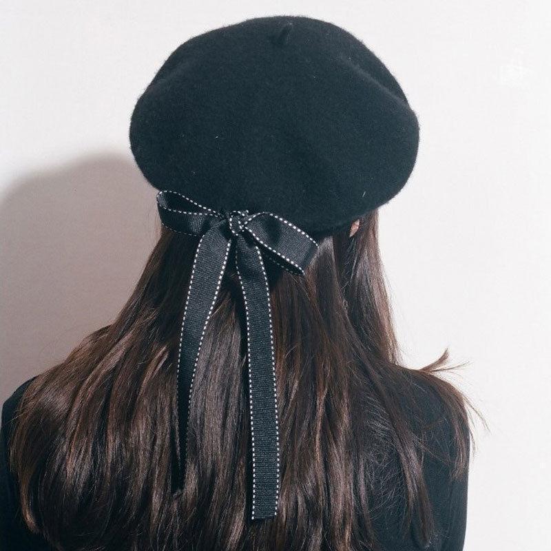 Clothing Black / One Size Womens Ladies vegan Leather Beret ,Harajuku Wool Basque Hat With Bowknot - Black