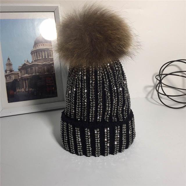 Clothing Black Removable Winter Warm Fur Pom pom Knitted bling Hats,  Skullies Beanie With 15cm Fur Ball