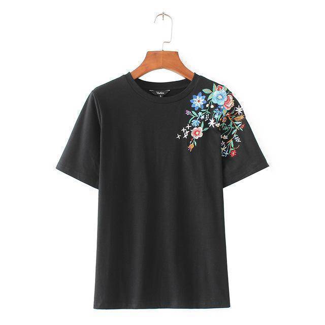 clothing black / S Flower embroidery T shirt