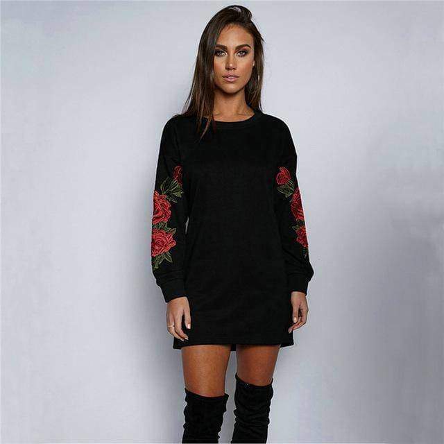 clothing black / S Plus Size Rose floral Embroidery Long Sleeve Pullovers Sweatshirt Hoodies S-5XL