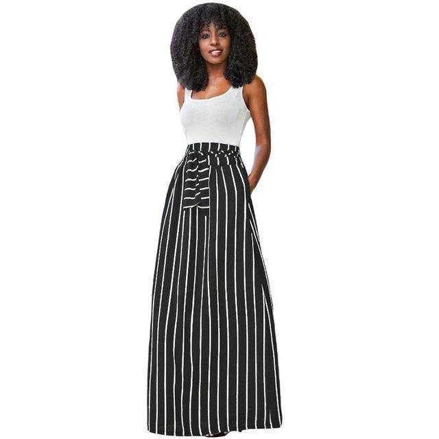clothing Black / S S- XL, Make yourself Look Taller and Slimmer!  Long Vertical striped Boho Skirt with side pockets