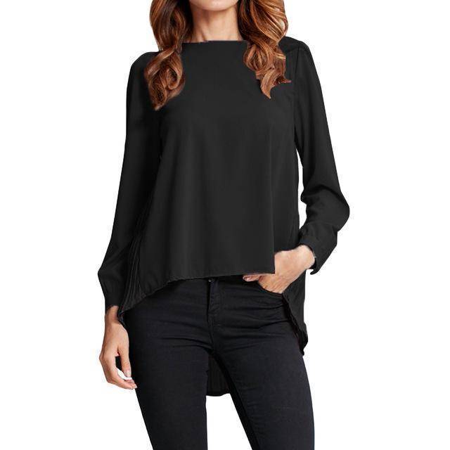 Clothing Black / S (UA 8-10) Plus Size - Chiffon Blouse Pleated Back Long Sleeve Asymmetric Loose Shirt (US 8 - 20W)