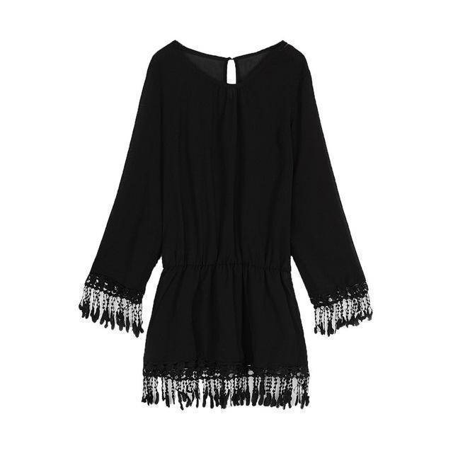 Clothing Black / S (US 10-12) Plus Size - Bohemian O Neck Lace Tassel Chiffon Long Shirt / Mini Dresses (US 10-22w)