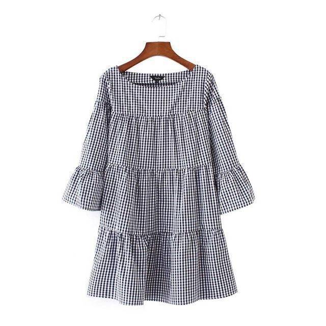 Clothing Black / S (US 10-12) Plus Size - (US 10-16W) Pleated plaid dress checkered flare sleeve