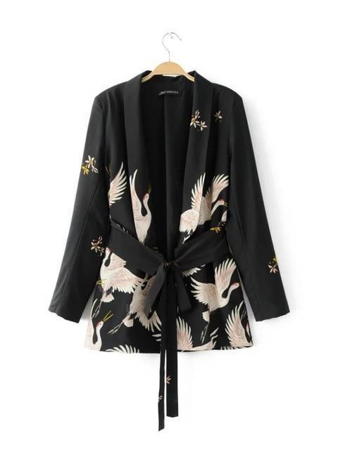 Clothing Black / S (US 10-12) Women spring summer birds print kimono style long sleeve coat  set wide leg pants (US 10-16)