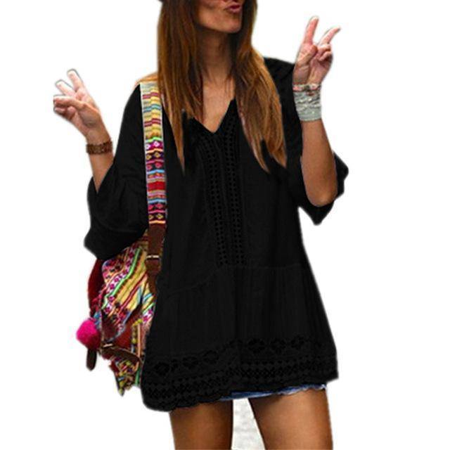 Clothing Black / S (US 12-14) Plus Size - Boho Deep V-neck 3/4 Sleeve Crochet Lace Long Shirt / Mini Dress (US 12-20)