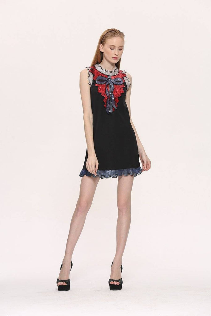 Clothing black / S (US 12-14) Plus Size - Sequin Embroidery Bow Lace Sleeveless  Long Shirt / Tank Dresses (US 12-20W)