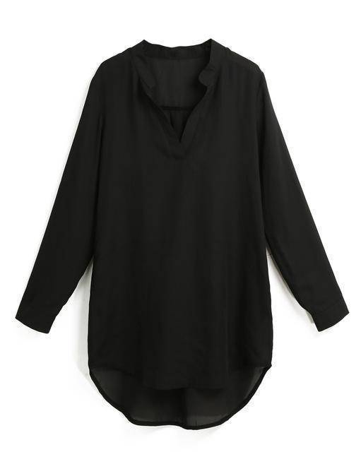 Clothing Black / S (US 12) Plus Size - Chiffon Blouse Shirt, V Neck Pockets Roll up Long Sleeve Asymmetrical Shirt  (US 12-22W)