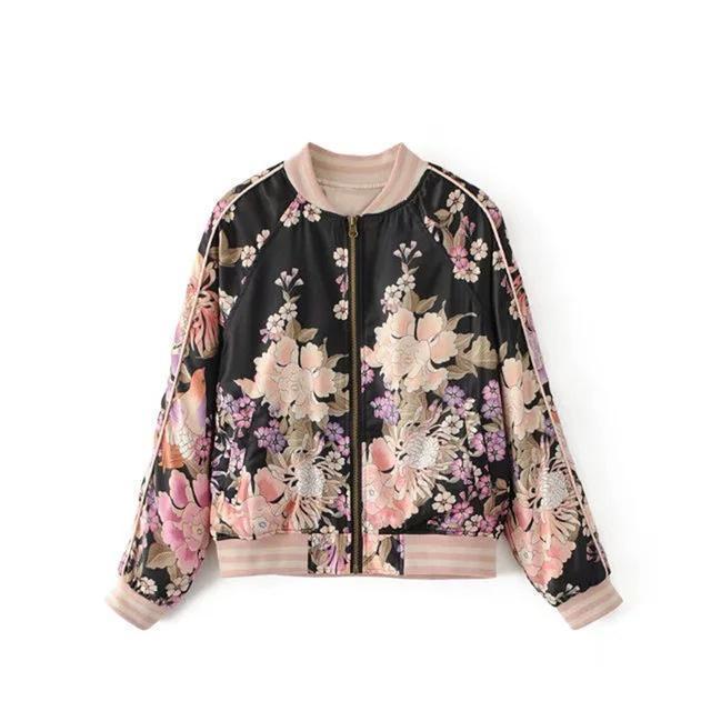 Clothing Black / S (US 14-16) Floral Print Bomber Jacket Women Coat New Fashion O Neck Long Sleeve Streetwear Outwear Casual Casaco Feminino (US 14-18W)