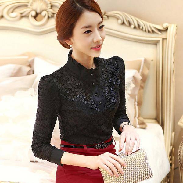 Clothing black / S (US 2-4) Long Sleeve Lace Floral Patchwork Chiffon Blouse Shirts  (US 2-16W)