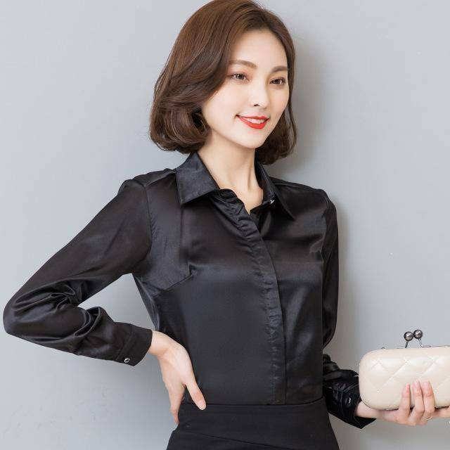 Clothing black / S (US 2-4) Plus Size - Long Sleeve Silk Blouse  (US 4-16)