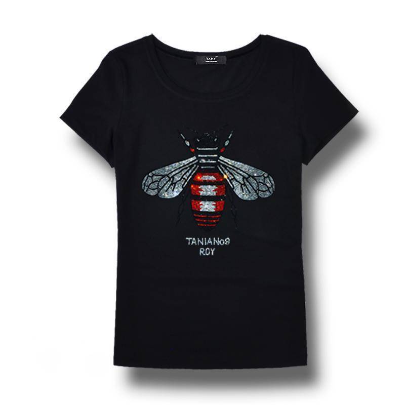 Clothing Black / S (US 2) Rhinestone T shirt Bee blingbling crystal Women Top Tees (US 2-18W)