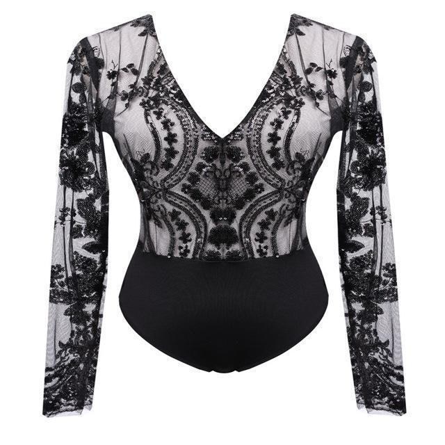 Clothing Black / S (US 2) Sequins Women Sexy Leotard Top with shorts playsuit Ladies Patchowrk V Neck see through blouse long sleeve mesh top shorts (US 2-12)